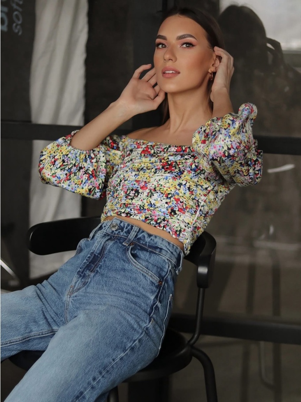 Zara Multicolor Floral Square-Neck Puff Sleeve Crop Top